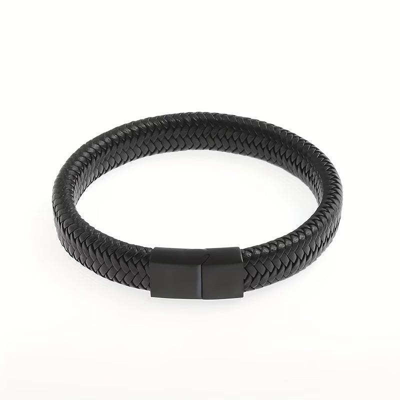 Lot de 2 Bracelets 21 cm – Cuir Noir Multi-Rangs & Tressé Noir/Bleu, Fermoir Magnétique