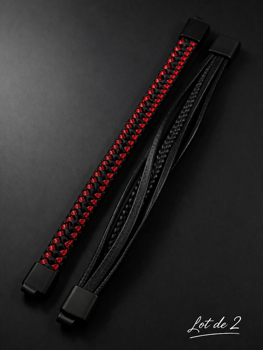 Lot de 2 Bracelets 21 cm – Cuir Noir Multi-Rangs & Tressé Noir/Rouge, Fermoir Magnétique