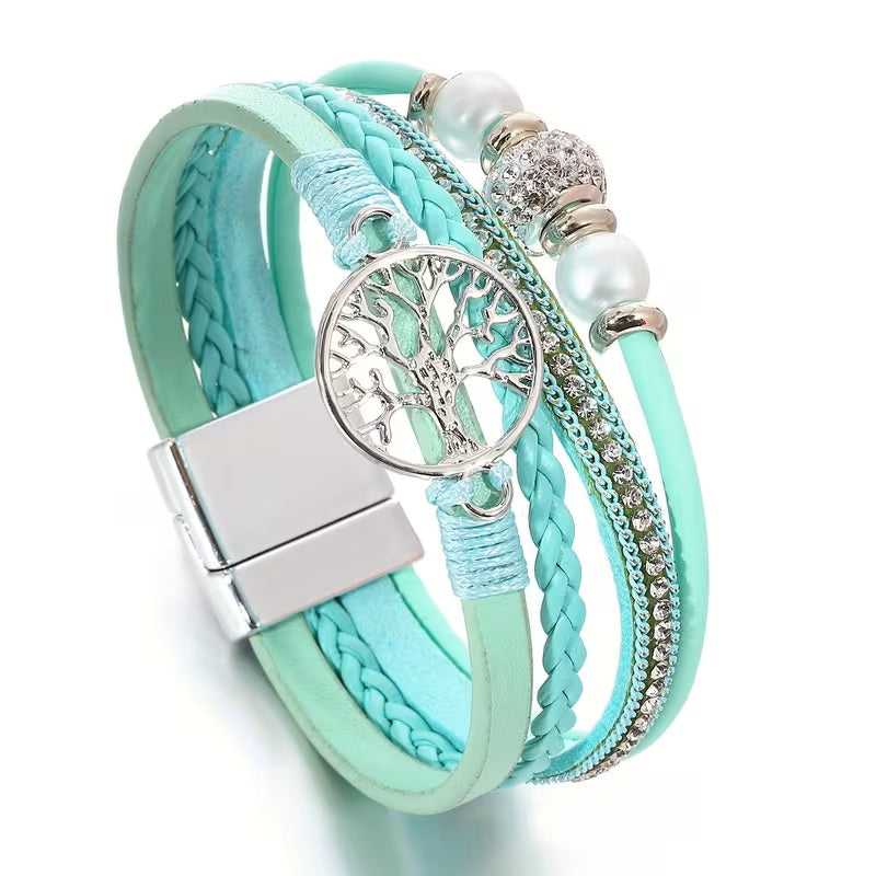 Bracelet Turquoise Multi-Rangs avec Pendentif Arbre de Vie