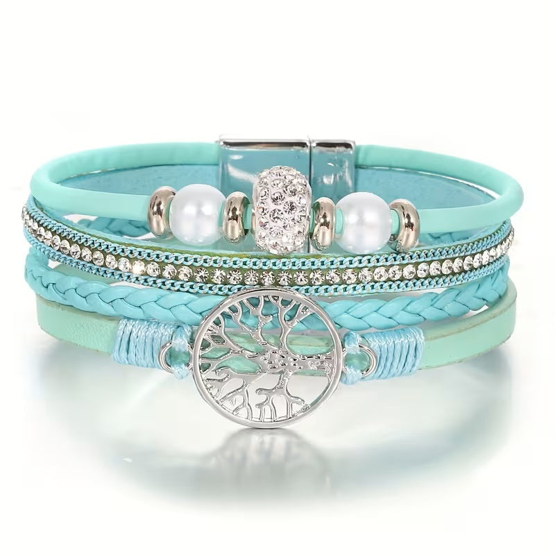 Bracelet Turquoise Multi-Rangs avec Pendentif Arbre de Vie