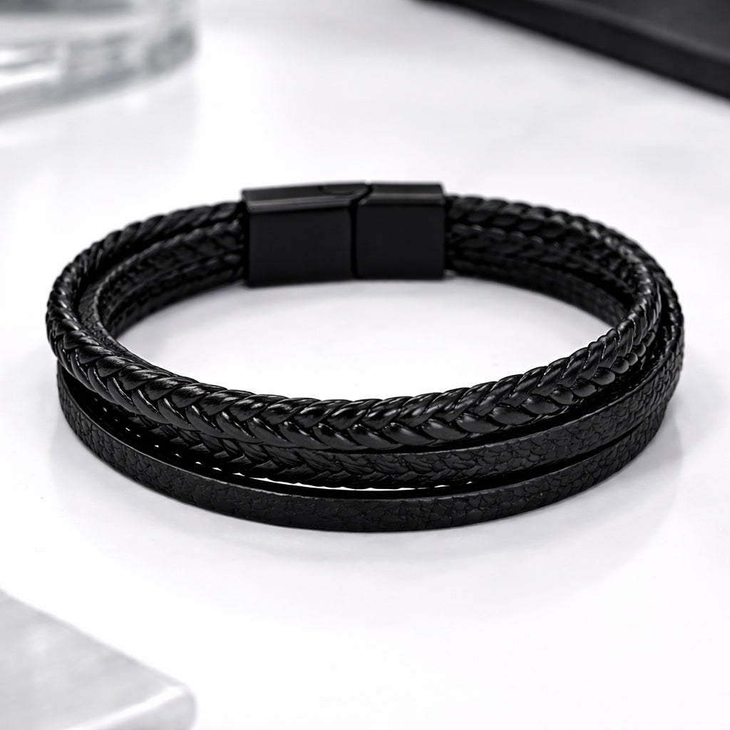 Lot de 2 Bracelets 21 cm – Cuir Noir Multi-Rangs & Tressé Noir/Rouge, Fermoir Magnétique