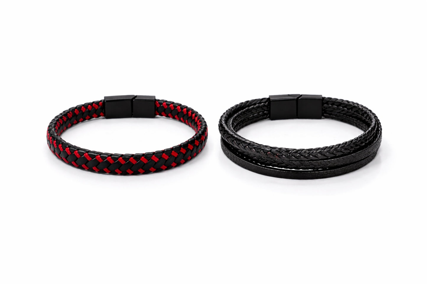 Lot de 2 Bracelets 21 cm – Cuir Noir Multi-Rangs & Tressé Noir/Rouge, Fermoir Magnétique
