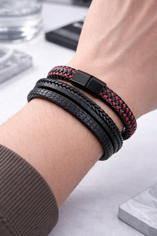 Lot de 2 Bracelets 21 cm – Cuir Noir Multi-Rangs & Tressé Noir/Rouge, Fermoir Magnétique