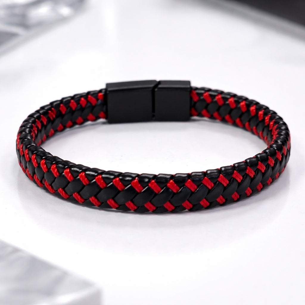Lot de 2 Bracelets 21 cm – Cuir Noir Multi-Rangs & Tressé Noir/Rouge, Fermoir Magnétique
