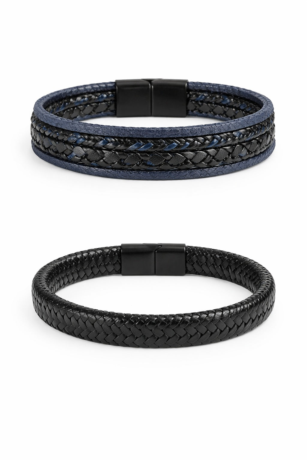 Lot de 2 Bracelets 21 cm – Cuir Noir Multi-Rangs & Tressé Noir/Bleu, Fermoir Magnétique