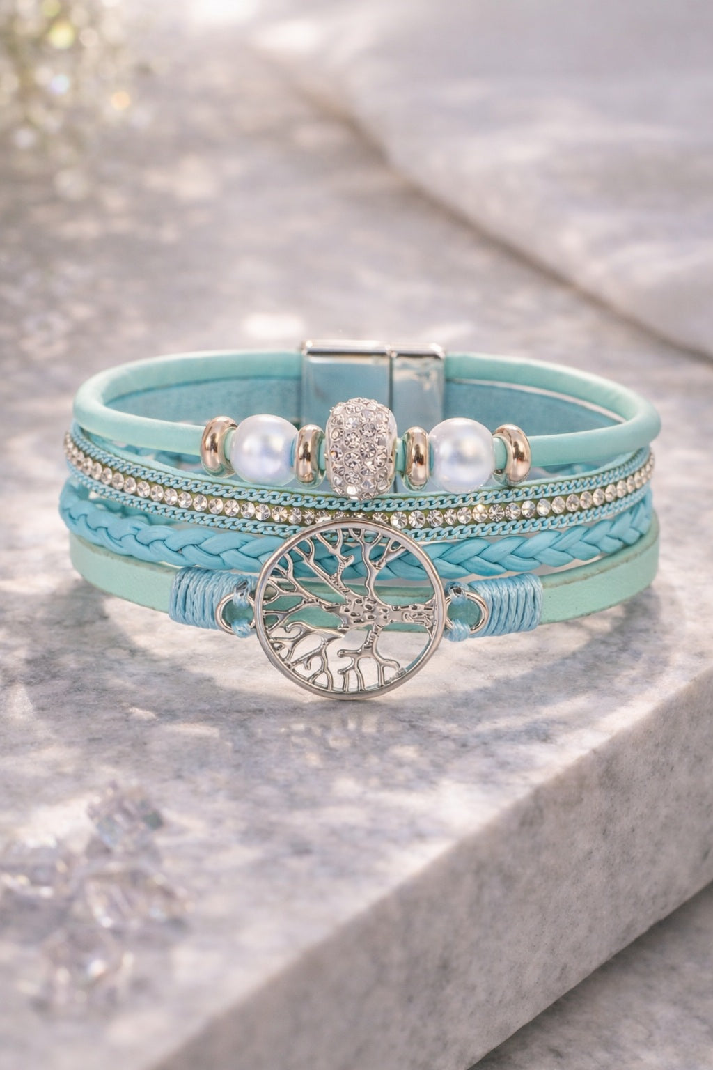 Bracelet Turquoise Multi-Rangs avec Pendentif Arbre de Vie