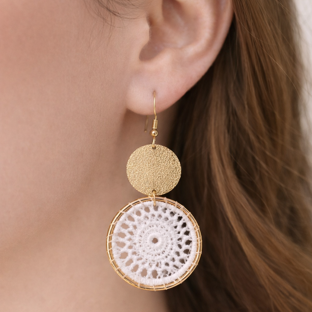 Boucles d’oreilles fantaisie rondes en dentelle blanche et doré