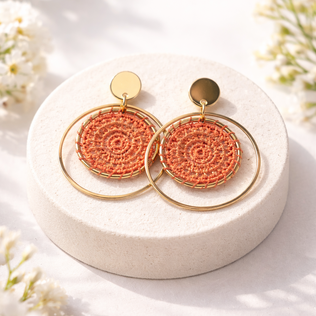 Boucles d’oreilles fantaisie rondes tissées orange et dorées