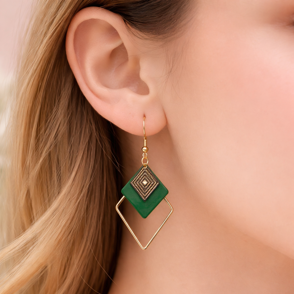 Boucles d’oreilles fantaisie géométriques vertes et dorées