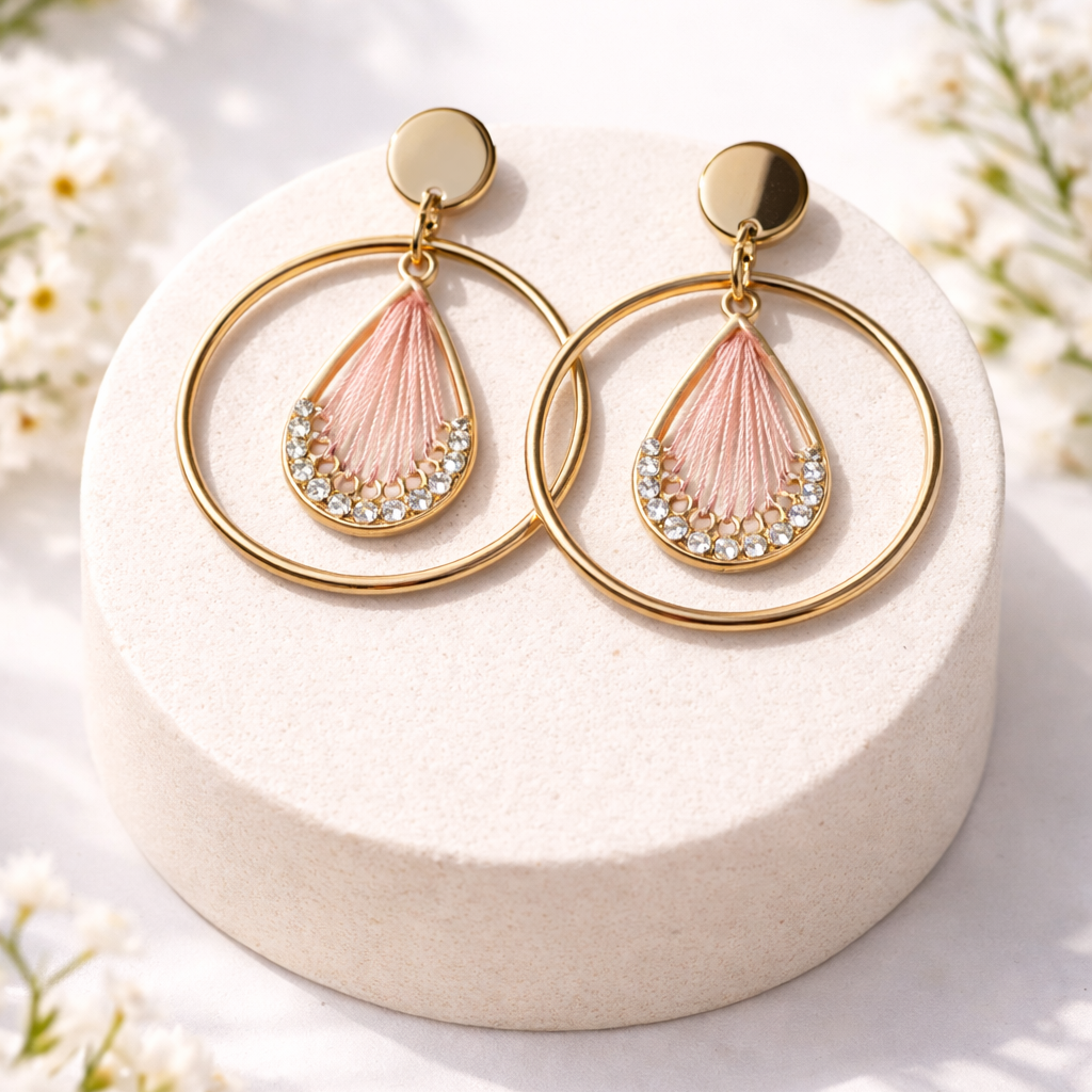 Boucles d’oreilles fantaisie cercle doré et goutte rose avec strass