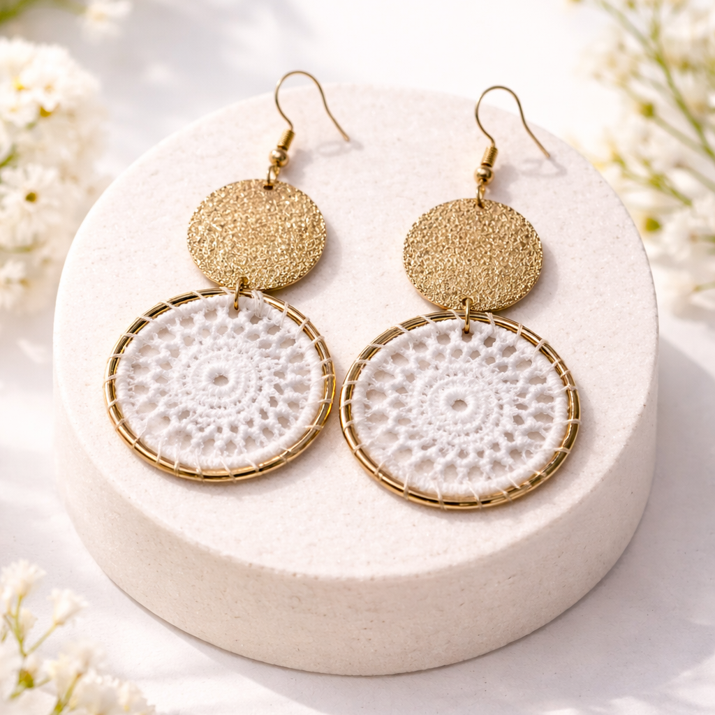 Boucles d’oreilles fantaisie rondes en dentelle blanche et doré