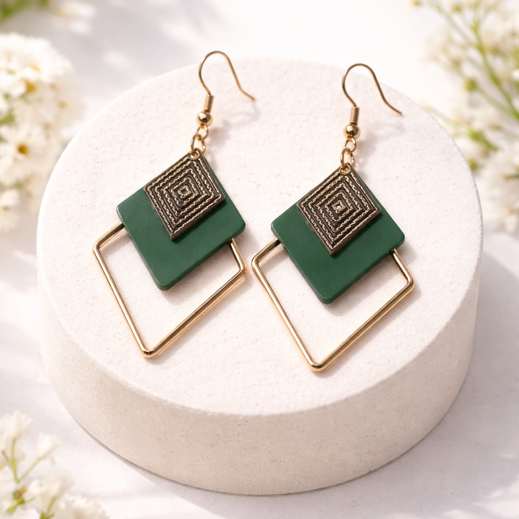 Boucles d’oreilles fantaisie géométriques vertes et dorées