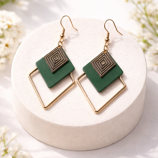 Boucles d’oreilles fantaisie géométriques vertes et dorées