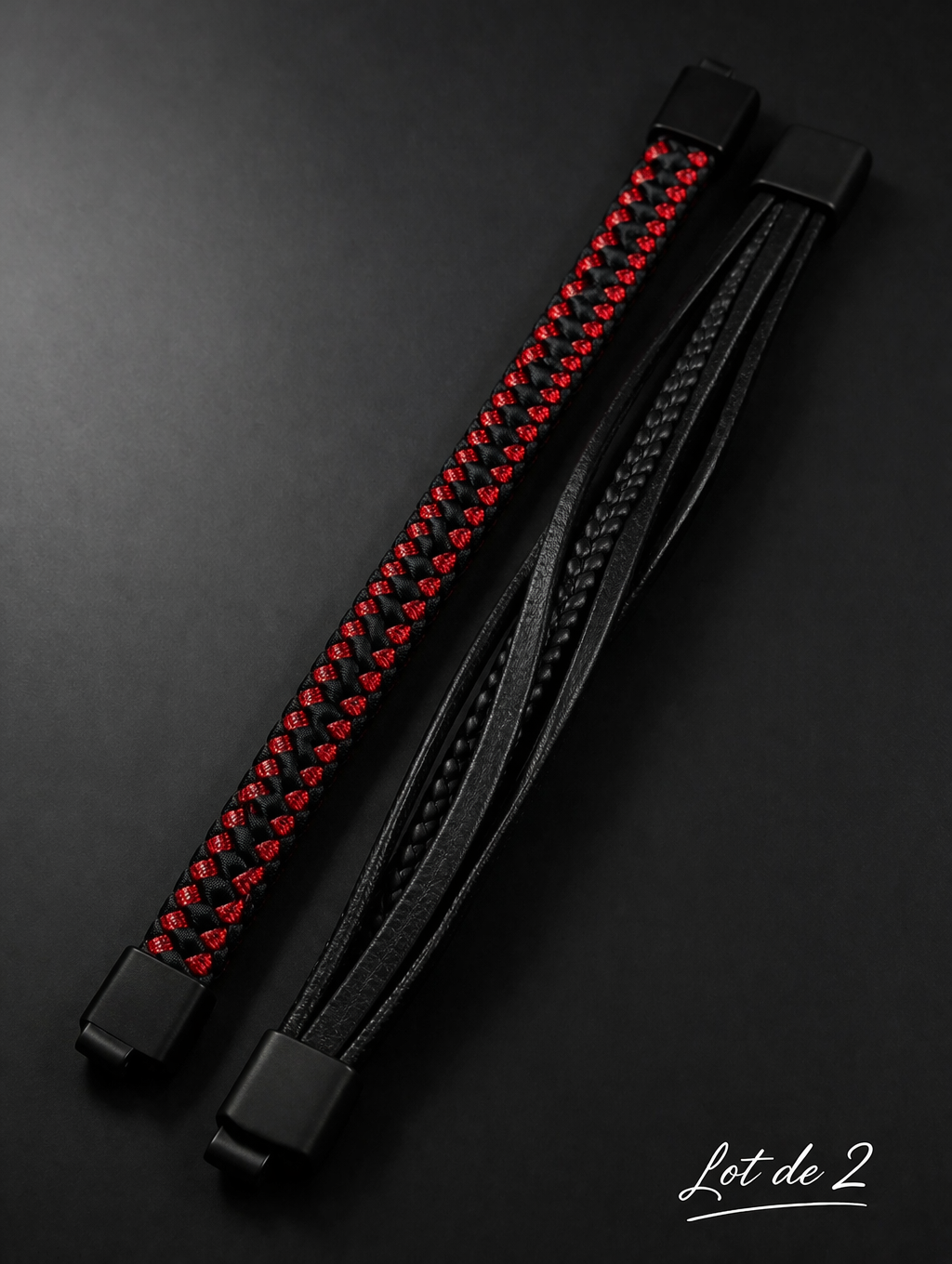 Lot de 2 Bracelets 21 cm – Cuir Noir Multi-Rangs & Tressé Noir/Rouge, Fermoir Magnétique