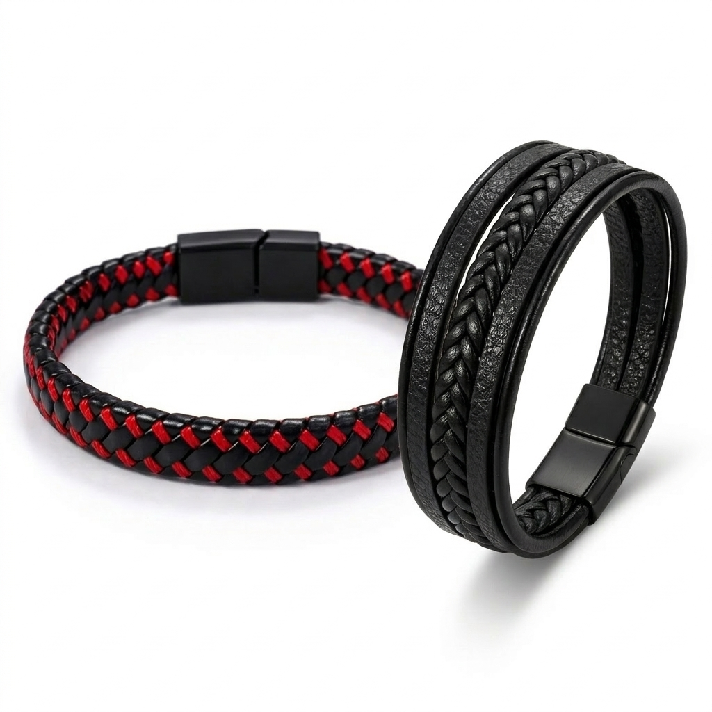 Lot de 2 Bracelets 21 cm – Cuir Noir Multi-Rangs & Tressé Noir/Rouge, Fermoir Magnétique
