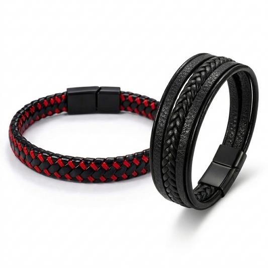 Lot de 2 Bracelets 21 cm – Cuir Noir Multi-Rangs & Tressé Noir/Rouge, Fermoir Magnétique