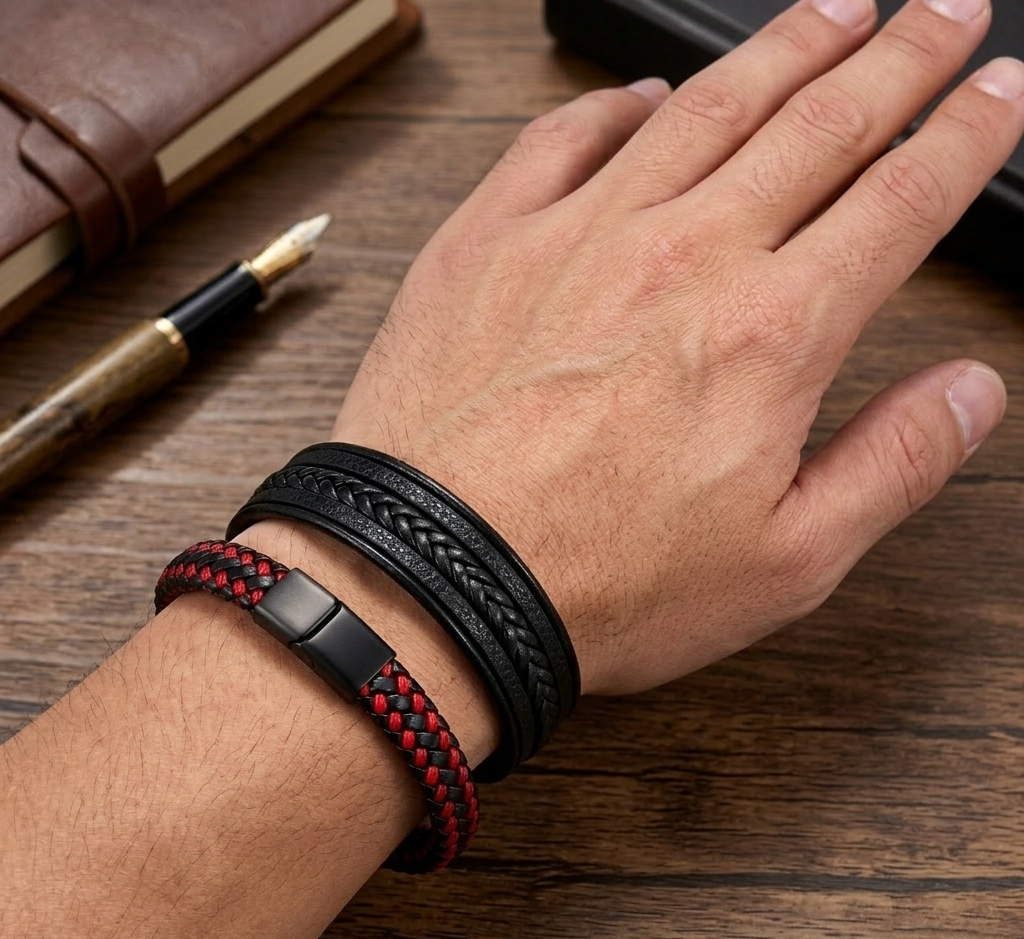 Lot de 2 Bracelets 21 cm – Cuir Noir Multi-Rangs & Tressé Noir/Rouge, Fermoir Magnétique