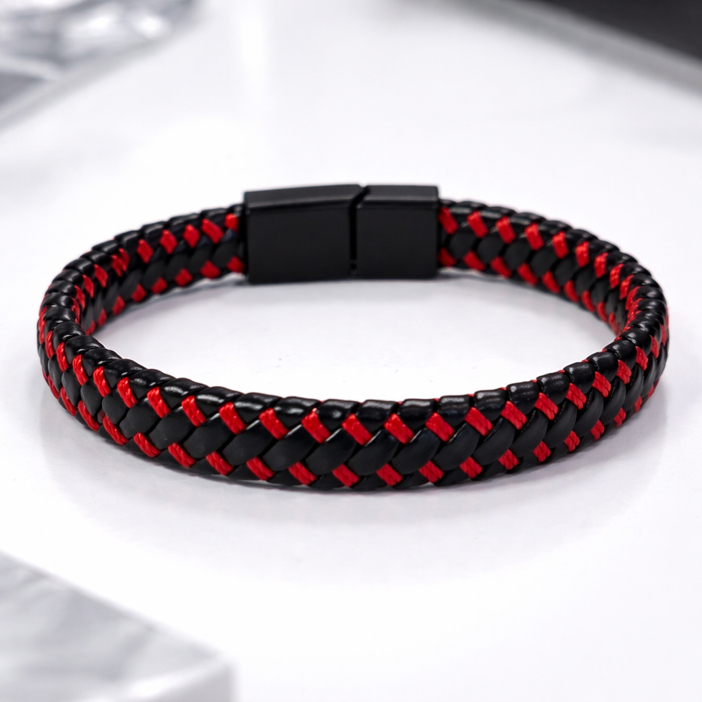 Lot de 2 Bracelets 21 cm – Cuir Noir Multi-Rangs & Tressé Noir/Rouge, Fermoir Magnétique